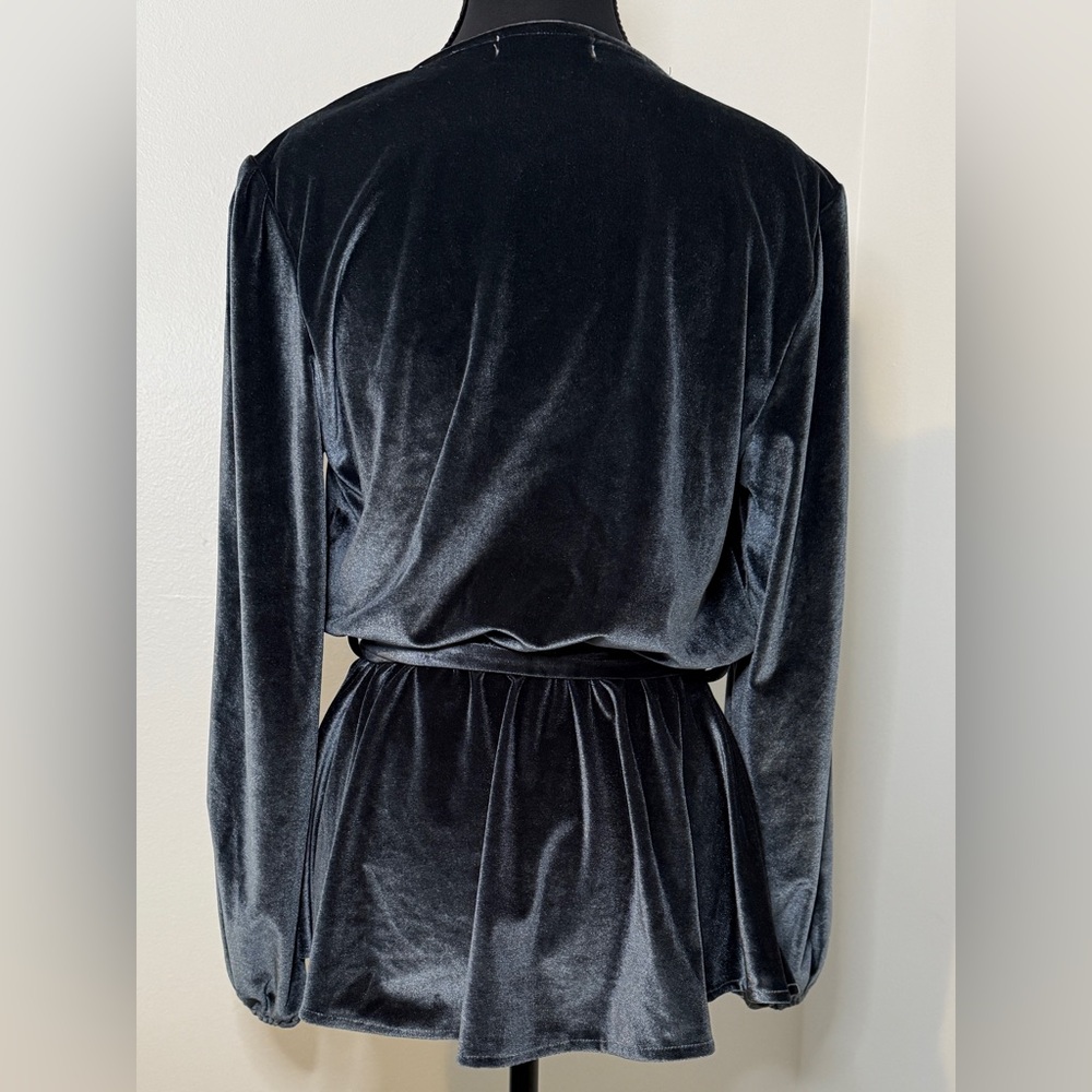 Petal + Pup Womens Small Grey Velvet Wrap Top Balloon Sleeve Tie Waist Peplum - Picture 3 of 5